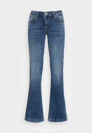 Blue denim jeans with a slight flare at the legs, button fastened, with front pockets and subtle faded details.