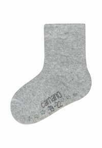 Calzino in cotone grigio con design a coste, caratterizzato da una texture liscia e da motivi decorativi a stella sulla suola. Taglia riportata sul lato.