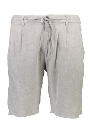 Lys grålinnen shorts med snoretræk i taljen, som har et subtilt fiskebensmønster og sidelommer. Casual og åndbart design.