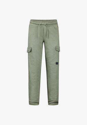 Lichtgroene cargobroek van sweatstof met elastische tailleband, trekkoord, zijflappzakken en taps toelopende geribde manchetten.