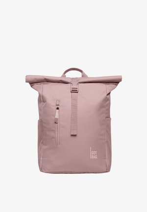Rosa Rolltop-Rucksack mit einer Fronttasche mit Reißverschluss, verstellbaren Schulterriemen und einem Handgriff an der Oberseite. Hergestellt aus strapazierfähigem Stoff, mit einem minimalistischen Design.