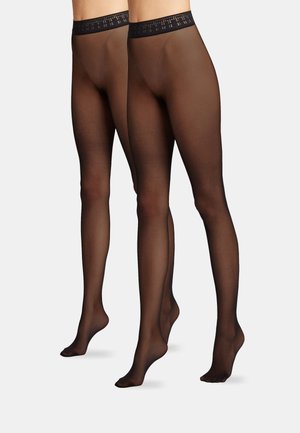 Svarta genomskinliga strumpbyxor med en texturerad svart midjeresår. Slät, glänsande finish på benen som går ända ner till tårna, med en klassisk design.