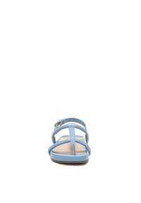 Light blue sandals with a thong design and adjustable ankle strap. Soft-textured upper and cushioned beige footbed, flat rubber sole.