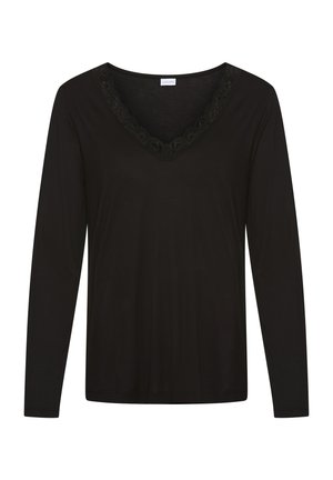 Schwarzes Langarmshirt mit V-Ausschnitt und zartem Spitzenbesatz, aus glattem Stoff gefertigt.