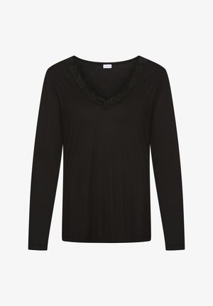 Black long-sleeve top with V-neckline featuring a delicate lace trim, made from smooth fabric.