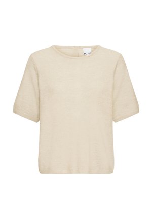 Beež lühikeste varrukatega kootud kampsun ümmarguse kaelusega ja soonikkoes äärega, valmistatud pehmest tekstuuriga kangast.