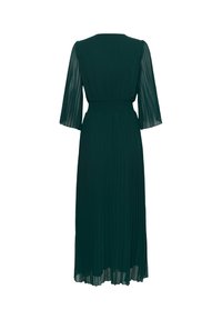 Robe midi vert foncé avec jupe plissée et manches trois-quarts transparentes, avec une taille cintrée et un col rond, vue de dos.