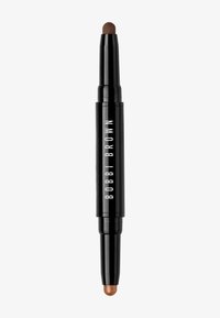 Dubbelender makeupblyant med en matt brun spiss og en skinnende bronsefarge. Kappen er blank svart med hvit merkevare.