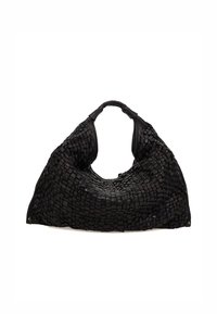 Borsa hobo intrecciata nera realizzata in pelle testurizzata, con una forma grande e arrotondata e due manici corti. Sottotoni di hardware alla base.