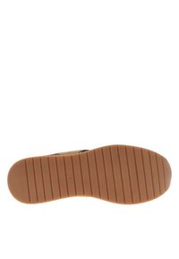 Semelle de chaussure en caoutchouc marron avec des rainures horizontales, marquée "38". Texture lisse, bords arrondis et légère courbure au niveau du talon.
