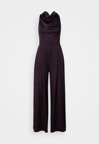 Combinaison noire en satin sans manches avec col bénitier drapé et pantalon à jambes larges, taille cintrée, style élégant pour tenue de soirée.