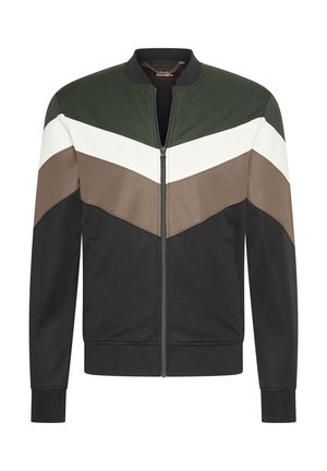 Bomberjack met een groen, wit, bruin en zwart zigzagpatroon. Voorzien van een rits aan de voorkant, geribbelde manchetten en zijzakken. Gladde stoftextuur.