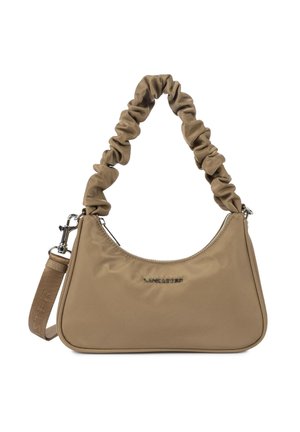 Beiget Tasche mit gerafftem Riemen, silbernem Reißverschluss und abnehmbarem Stoff-Schulterriemen.