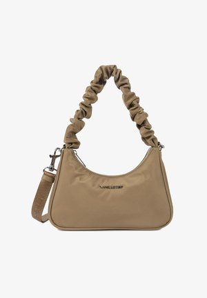 Beiget Tasche mit gerafftem Riemen, silbernem Reißverschluss und abnehmbarem Stoff-Schulterriemen.