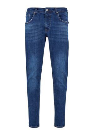 Jeans de mezclilla azul con un corte ajustado, diseño de cinco bolsillos, cierre de botón y un sutil desgaste en la tela, que enfatiza la textura y la profundidad del color.