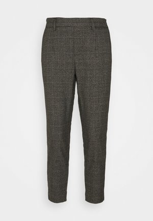 Grau-schwarze karierte, maßgeschneiderte, knöchellange Hose mit Gürtelschlaufen, abgebildet vor weißem Hintergrund.