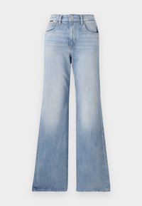 Lyseblå denim bootcut jeans med høy midje, som har to frontlommer og en subtil falming langs lårene og bena.