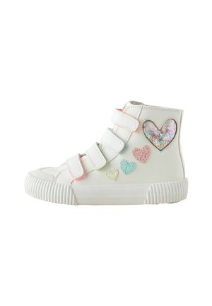 White high-top sneakers with three Velcro straps, featuring textured pastel heart appliqués and a heart-shaped glitter window on the side.