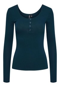 Mörk teal långärmad topp med ribbad textur, rundad halsringning och femknappsstängning. Åtsittande design med en slät yta.