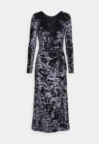 Robe à manches longues en velours noir et gris, avec un corsage ajusté et une jupe fluide, dotée d'un col rond et d'une texture douce.