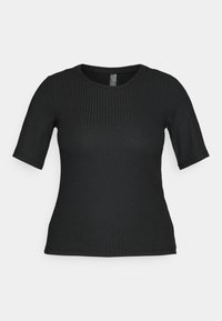 Black ribbed short-sleeve top with round neckline and fitted silhouette, displayed against a plain white background.
