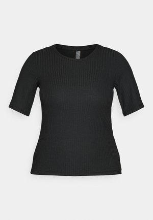 Črn rebrast kratkokrvalni top z okroglo ovratnikom in prilegnjenim silhueto, prikazan na enobarvni beli podlagi.