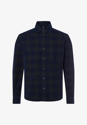 Camicia di flanella a quadri blu scuro e verde, con bottoni sul davanti, maniche lunghe, taschino sul petto e tessuto morbido.