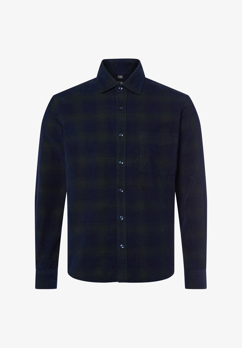 Camicia di flanella a quadri blu scuro e verde, con bottoni sul davanti, maniche lunghe, taschino sul petto e tessuto morbido.