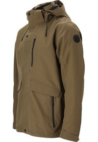 Brun vattentät jacka med huva, som har dragkedja och fickor med lock, justerbara dragsko och en logotyp patch på ärmen.