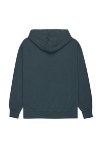 Dark teal hoodie, made of soft fabric, features a drawstring hood, ribbed cuffs and hem, and a simple, smooth texture.