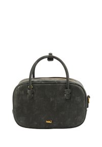 Borsa a mano in tessuto nero con una texture liscia, cima arrotondata, doppio manico, cerniera dorata e logo. Forma rettangolare, design compatto.