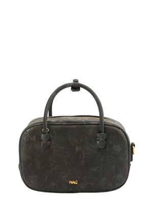 Borsa a mano in tessuto nero con una texture liscia, cima arrotondata, doppio manico, cerniera dorata e logo. Forma rettangolare, design compatto.