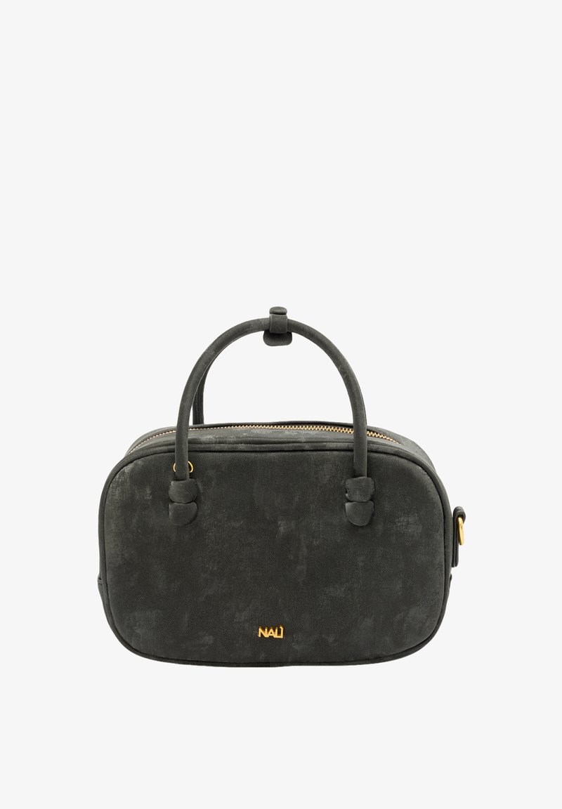 Borsa a mano in tessuto nero con una texture liscia, cima arrotondata, doppio manico, cerniera dorata e logo. Forma rettangolare, design compatto.