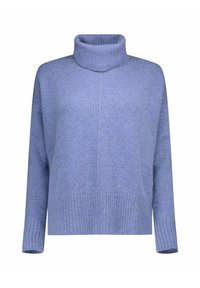 Pull à col roulé bleu clair en tissu doux. Doté de poignets et d'un ourlet côtelés, avec une coupe décontractée et un design minimaliste.