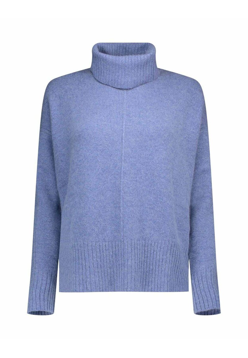 Pull à col roulé bleu clair en tissu doux. Doté de poignets et d'un ourlet côtelés, avec une coupe décontractée et un design minimaliste.