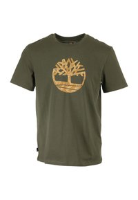 T-shirt in cotone verde oliva con grande stampa del logo di un albero color beige sul fronte. Design classico con collo a giro e maniche corte.