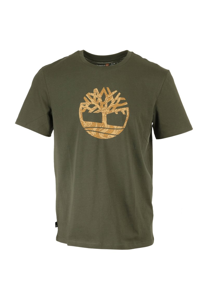T-shirt in cotone verde oliva con grande stampa del logo di un albero color beige sul fronte. Design classico con collo a giro e maniche corte.