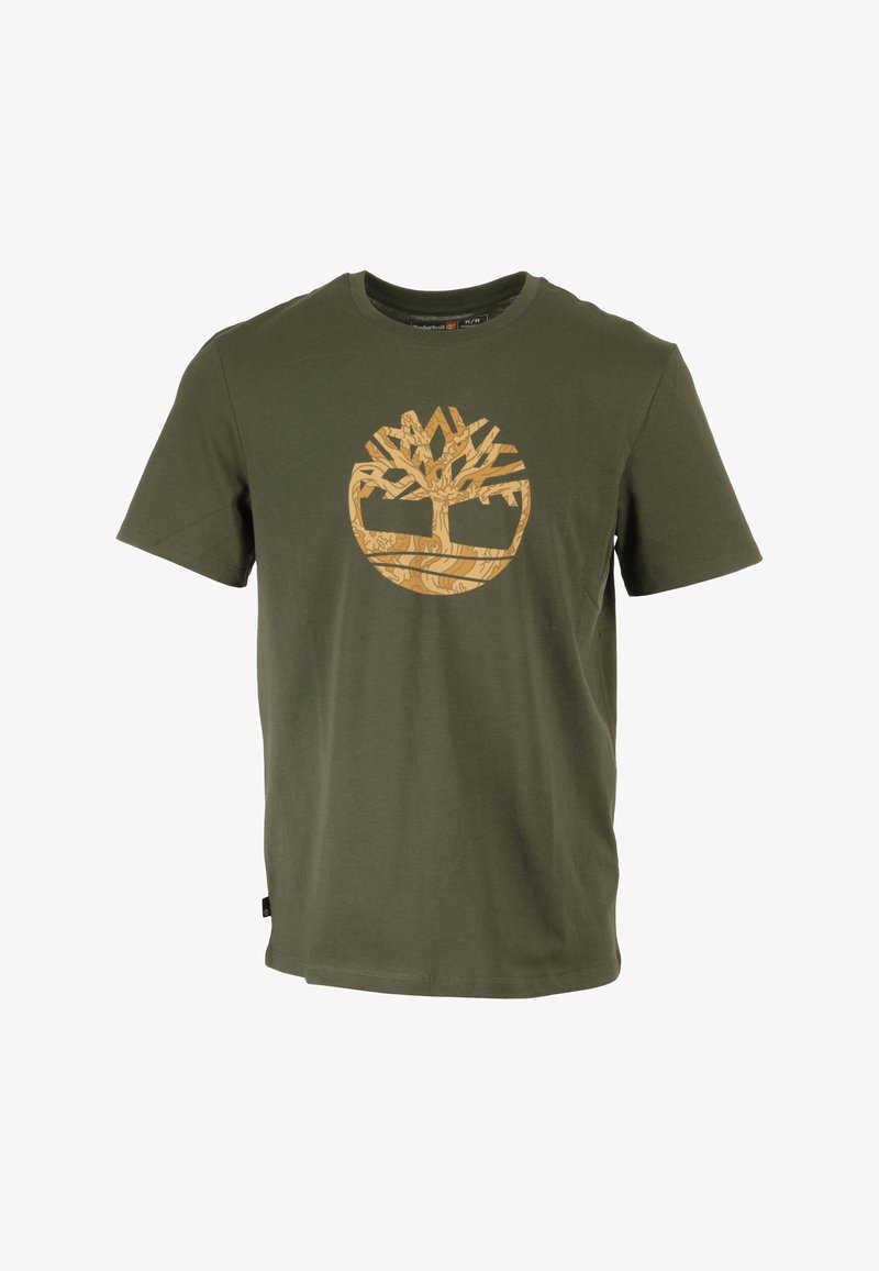 T-shirt in cotone verde oliva con grande stampa del logo di un albero color beige sul fronte. Design classico con collo a giro e maniche corte.
