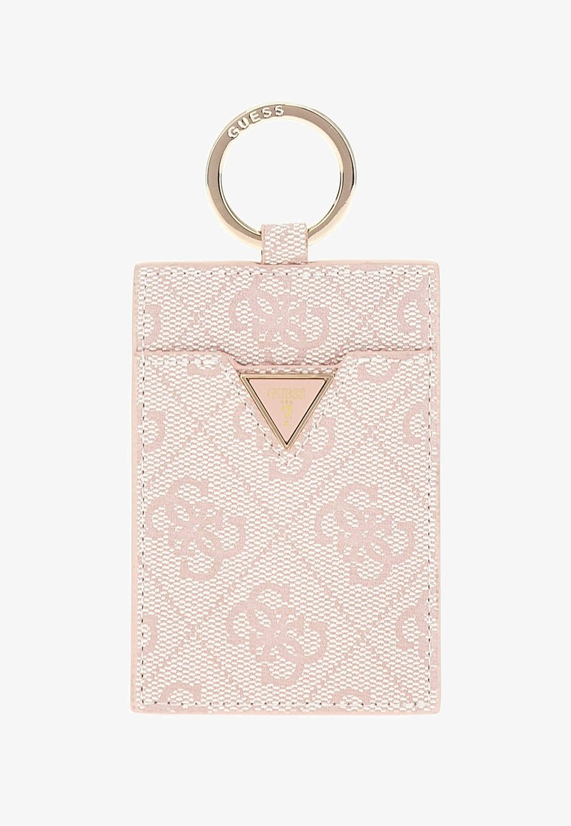 Różowy portfel wykonany z teksturowanego materiału, z powtarzającym się wzorem logo. Posiada złote triángularne logo i okrągły uchwyt na klucze.