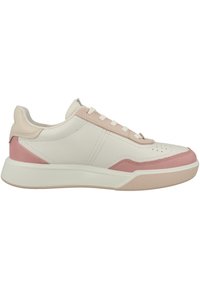 Baskets en cuir blanc et rose avec un design basse, dotées d'une semelle rembourrée, de lacets plats et de détails perforés sur les orteils.