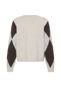 Pull beige à manches longues présentant un motif losanges marron et blanc sur les deux manches, vu de dos.