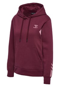 Bordový mikina s přední kapsou, nastavitelnými šňůrkami a růžovými akcenty na rukávech. Obsahuje logo Hummel na hrudi.