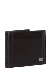 Zwarte leren portemonnee met een gladde textuur, bi-fold ontwerp en een klein zilveren logo accent. Voorzien van meerdere kaartsleuven en een slank profiel.