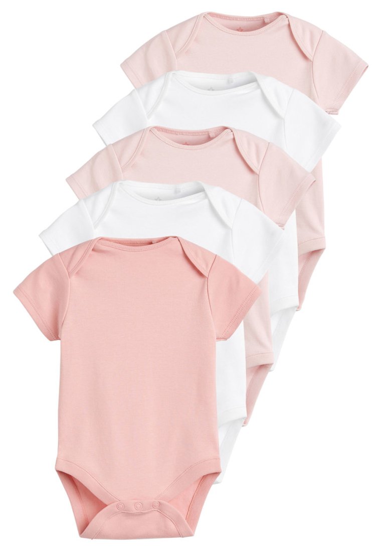 Set of five short-sleeve bodysuits in pink and white. Cotton material, soft texture, envelope neckline, snaps at the bottom for easy dressing.