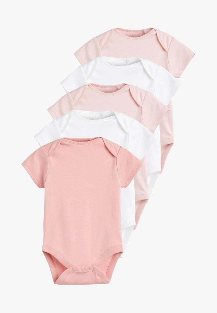 Set of five short-sleeve bodysuits in pink and white. Cotton material, soft texture, envelope neckline, snaps at the bottom for easy dressing.