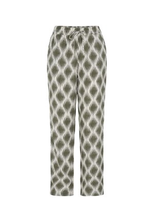 Lahtised püksid oliivrohelise ja valge teemantmustriga, elastse vöökohaga ja esiküljel nöörkinnitusega.