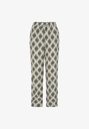 Pantaloni cu croială lejeră, cu model de diamante în verde măsliniu și alb, talie elastică și închidere cu șnur în față.