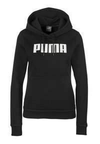 Sort langærmet hættetrøje med frontlomme og hvid "PUMA" logo centreret på brystet.