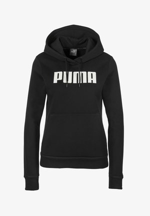 Black long-sleeve hoodie with front kangaroo pocket and white "PUMA" logo centered on the chest.