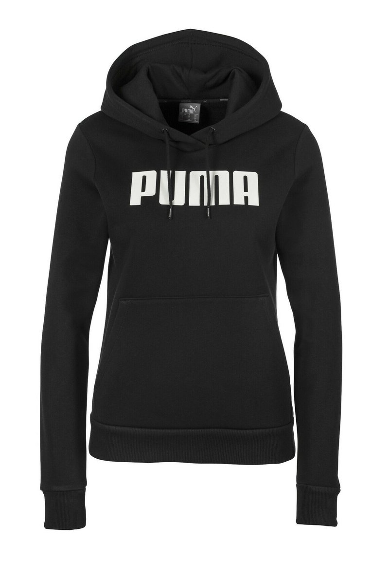 Sort langærmet hættetrøje med frontlomme og hvid "PUMA" logo centreret på brystet.